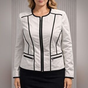 White House Black Market White Zip-Front Blazer with Black Trim